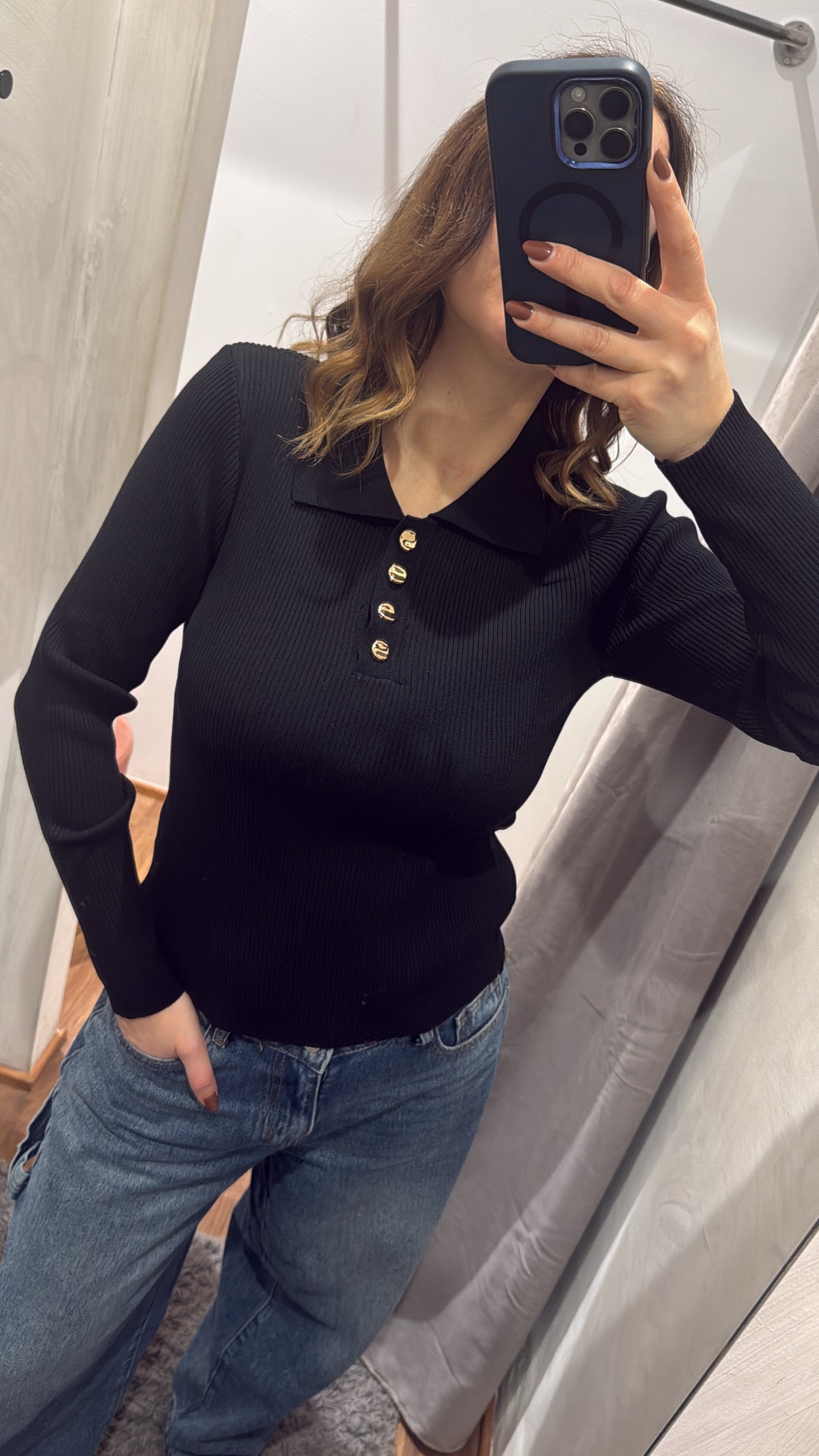 Maglia Polo a Costine Nera