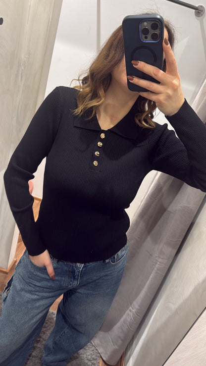 Maglia Polo a Costine Nera