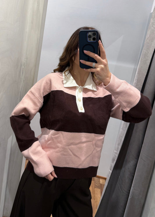Maglia Polo a Righe Rosa/Marrone - MARYGIÒ