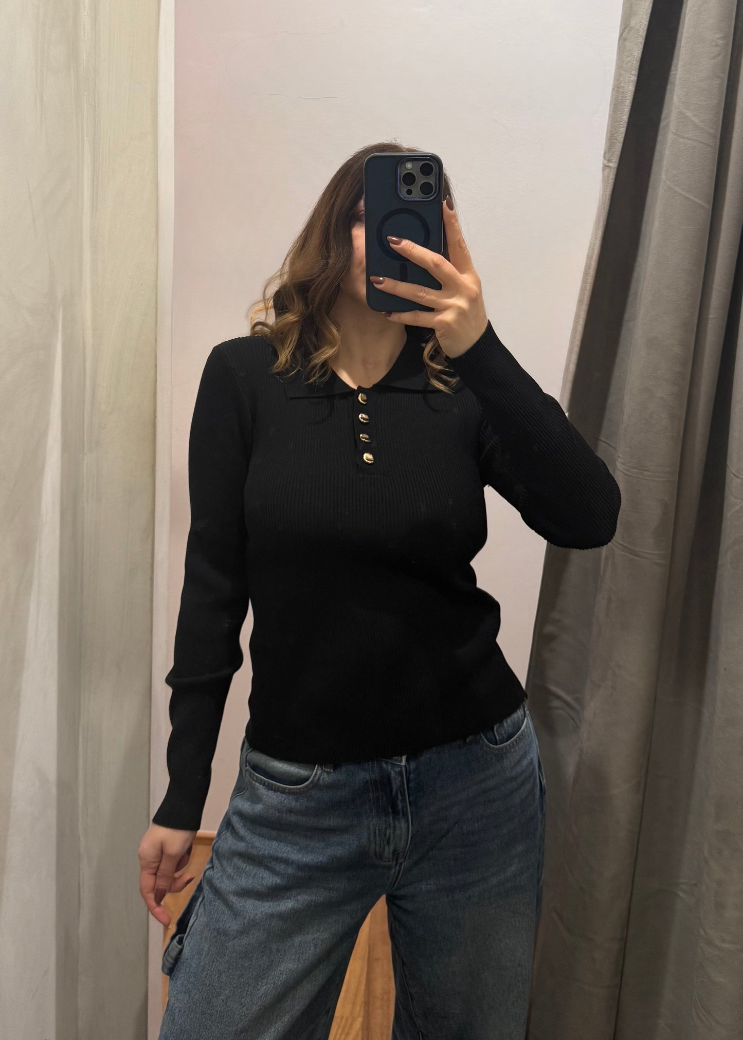 Maglia Polo a Costine Nera