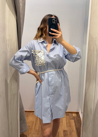 Abito Camicia Celeste con Tasca Paillettes - SUSY MIX