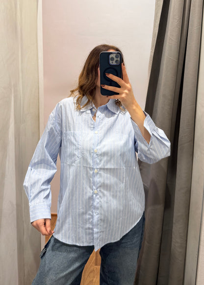 Camicia Rigata Celeste e Bianca con Micro Strass