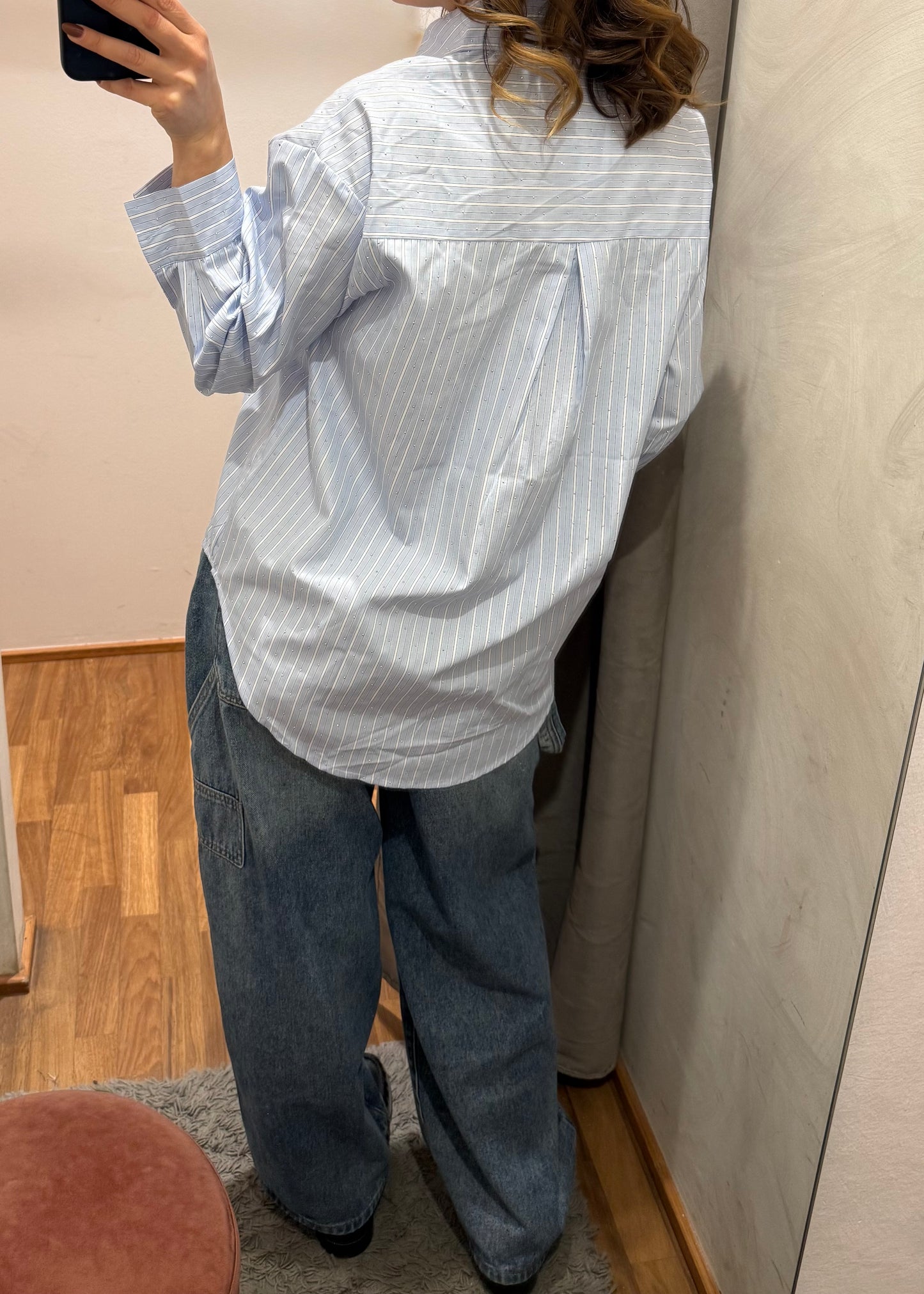 Camicia Rigata Celeste e Bianca con Micro Strass