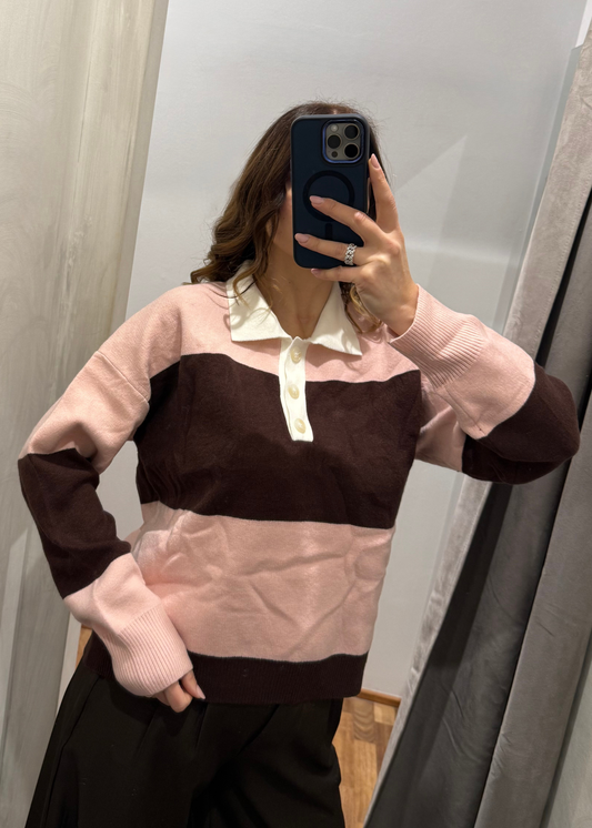 Maglia Polo a Righe Rosa/Marrone