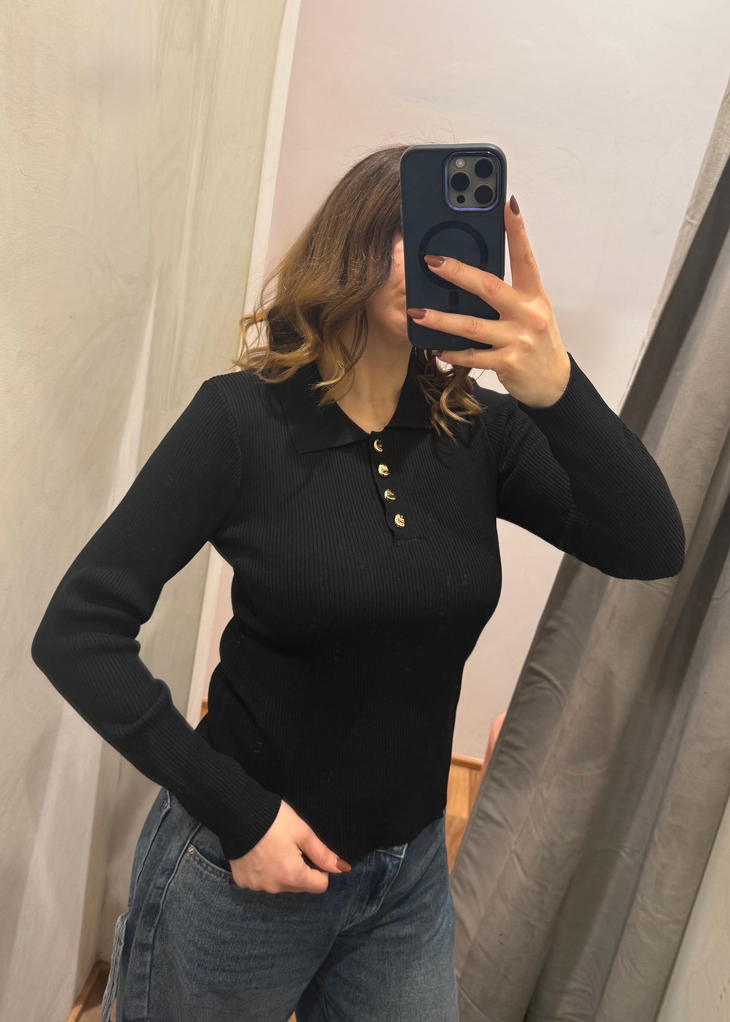 Maglia Polo a Costine Nera