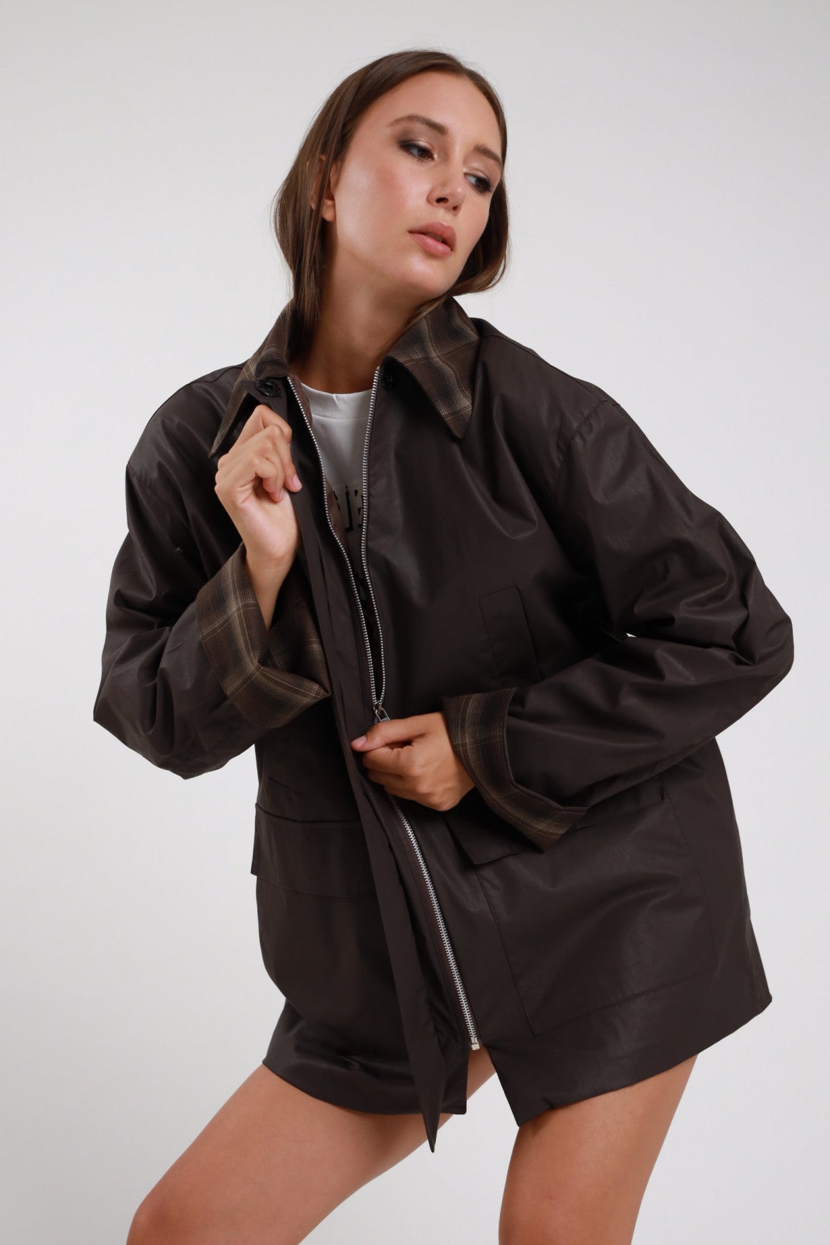 Giacca trench cerata con colletto a quadri Moro - SUSY Mix