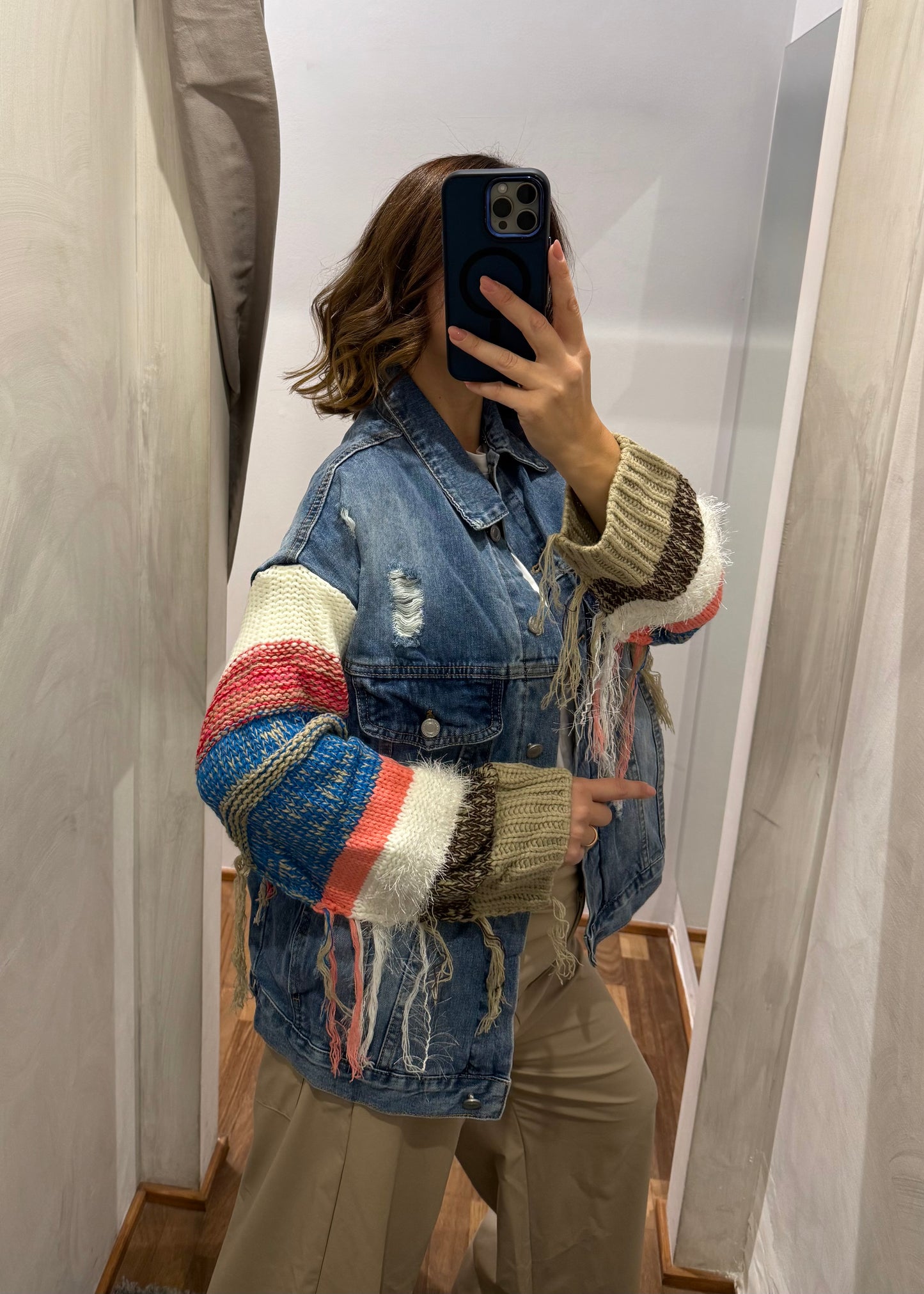 Giubbino Jeans Con Manica in Maglia