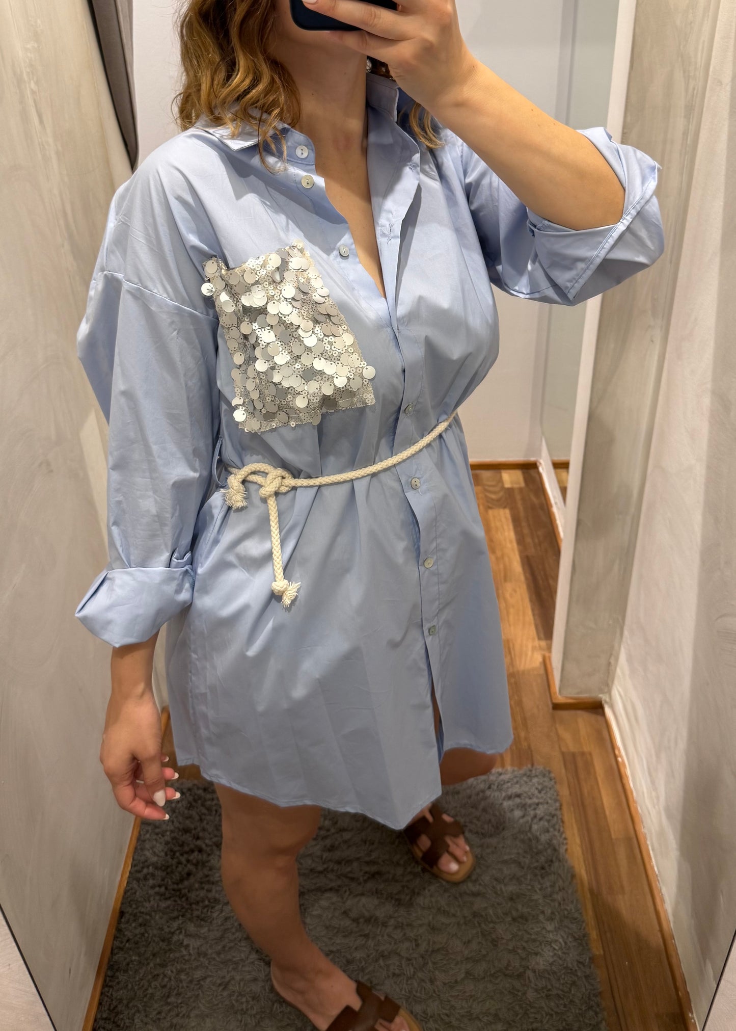 Abito Camicia Celeste con Tasca Paillettes - SUSY MIX
