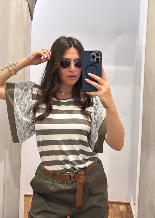 T-SHIRT A RIGHE CON MANICHE PIZZO - SUSY MIX - MARYGIÒ