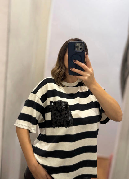 Maglia righe con tasca paillettes | più colori - Susy Mix