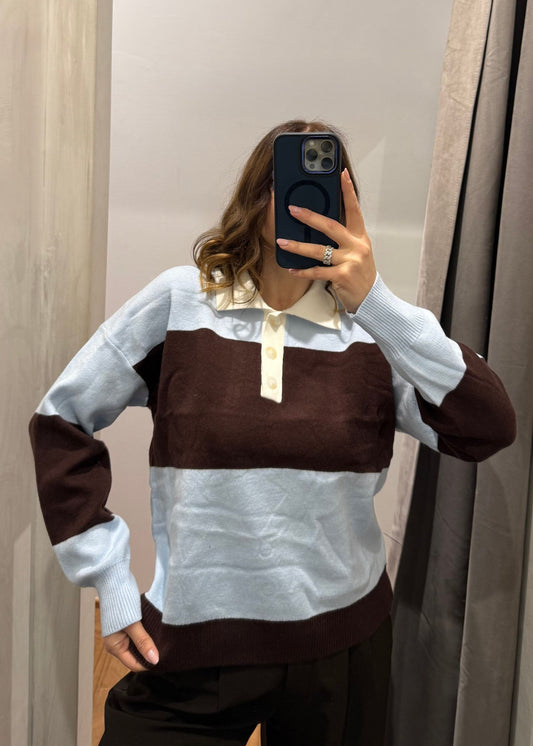 Maglia Polo a Righe Celeste/Marrone