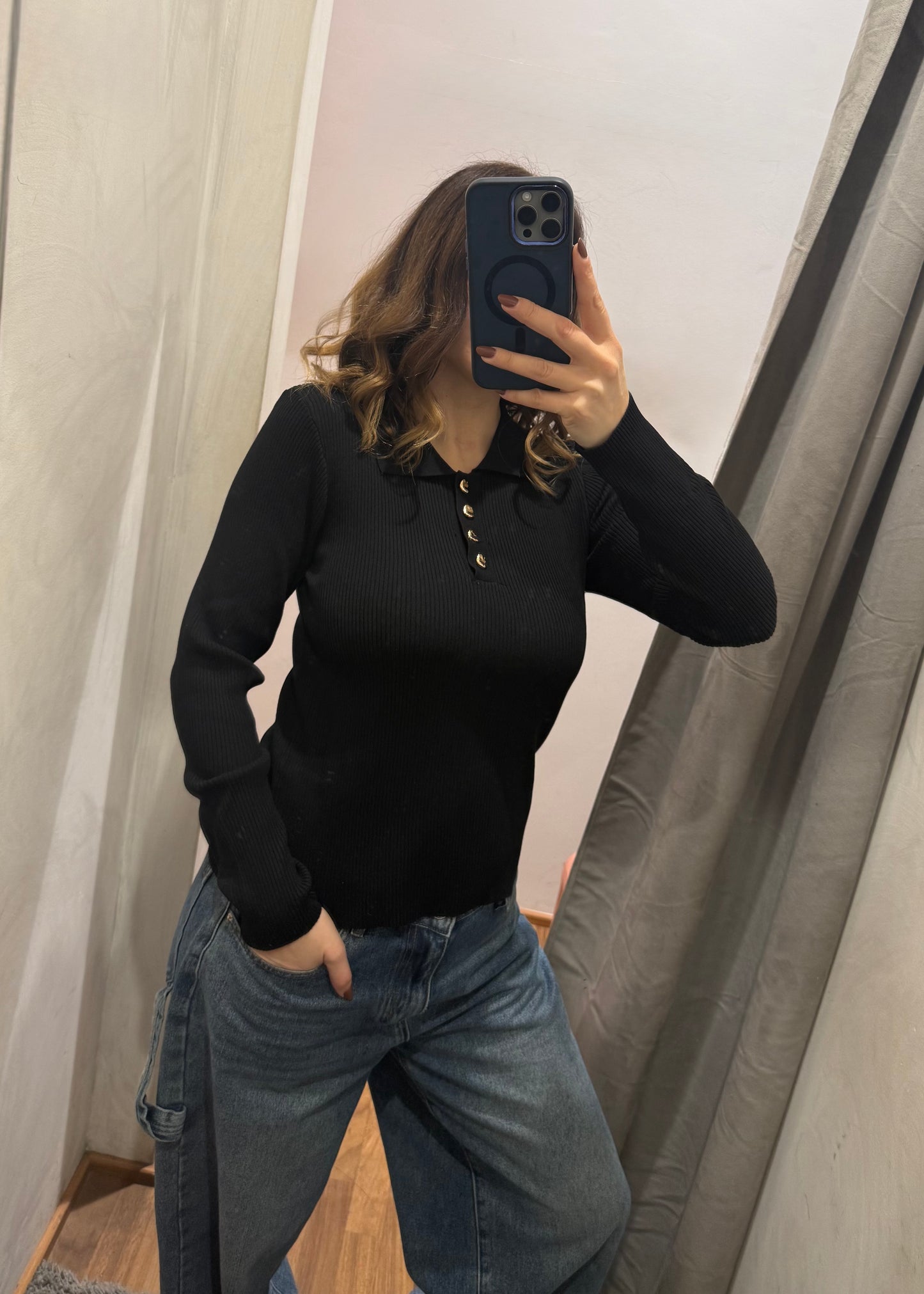 Maglia Polo a Costine Nera