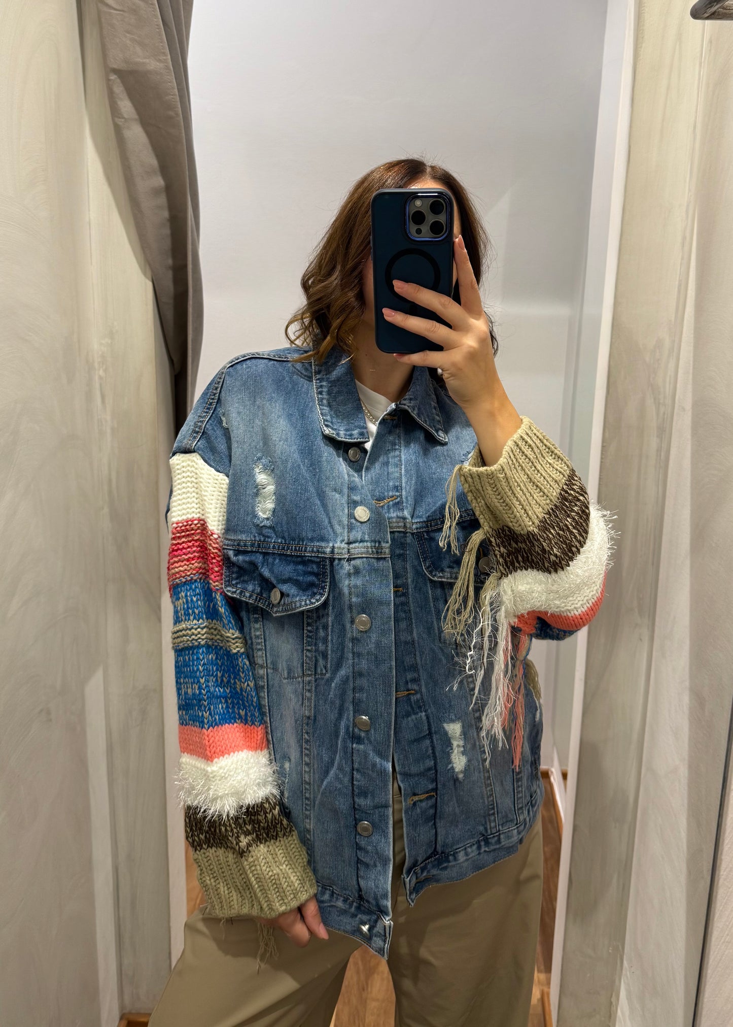 Giubbino Jeans Con Manica in Maglia