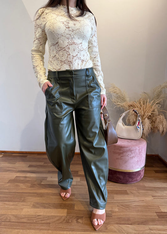 Pantalone Ecopelle a Ovetto Verde Militare