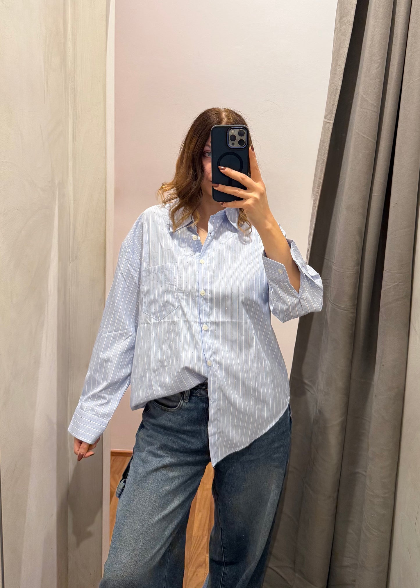 Camicia Rigata Celeste e Bianca con Micro Strass