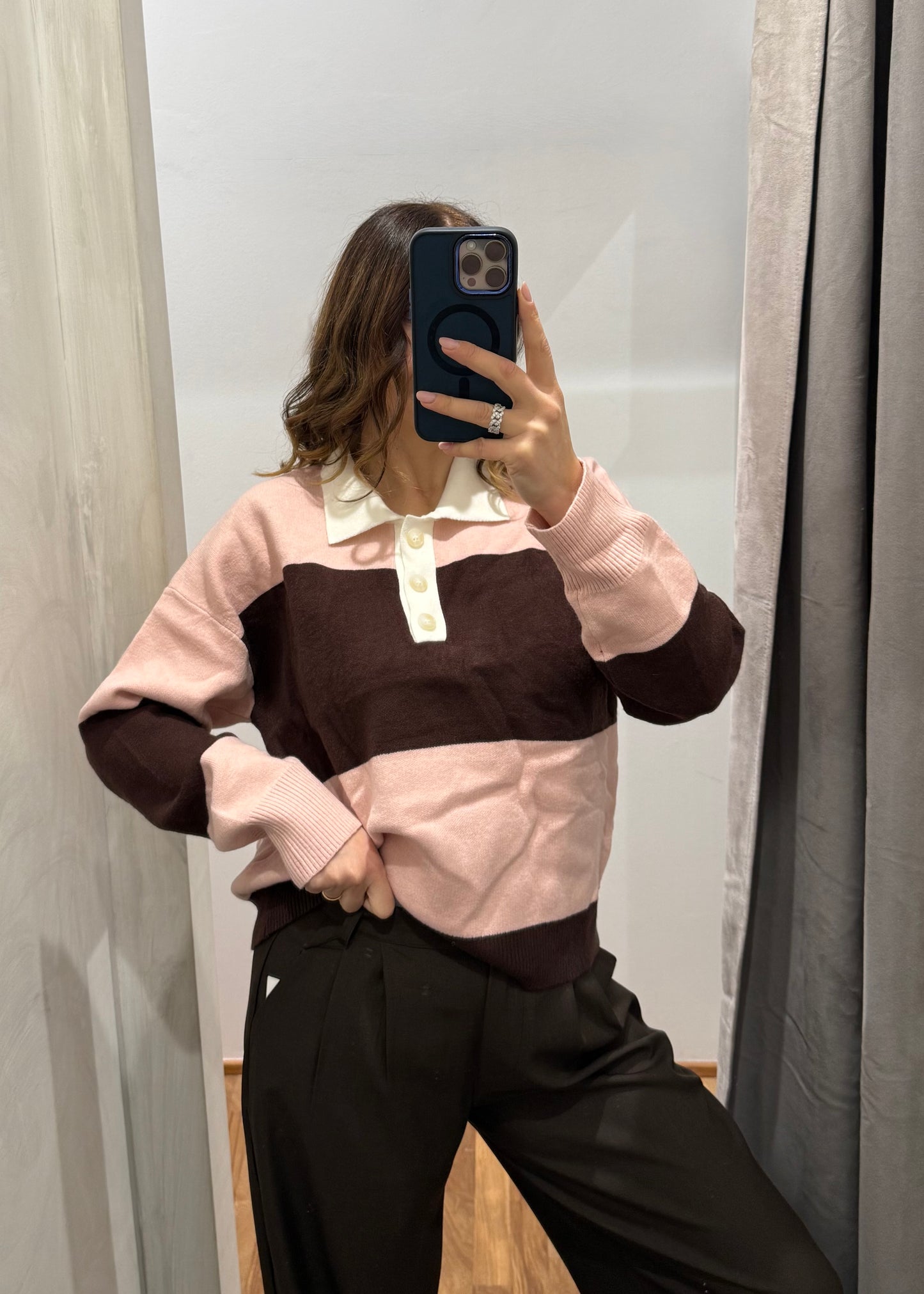 Maglia Polo a Righe Rosa/Marrone