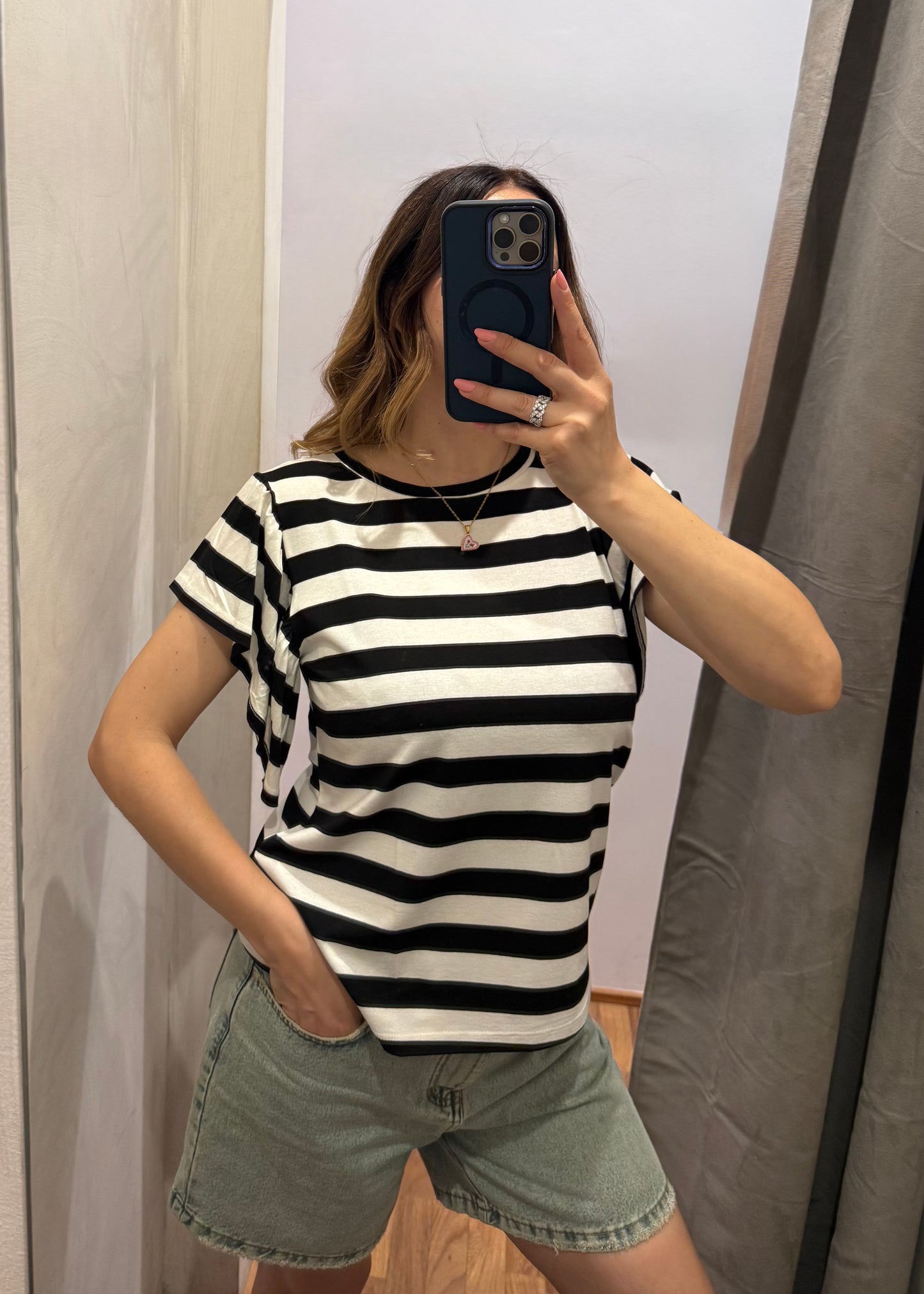 T-shirt a Righe in Viscosa Nero  - SUSY MIX