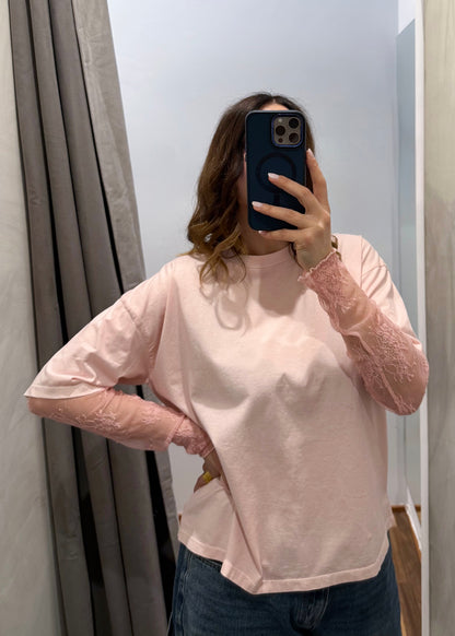 T-shirt Manica Pizzo Rosa - SUSY MIX - MARYGIÒ