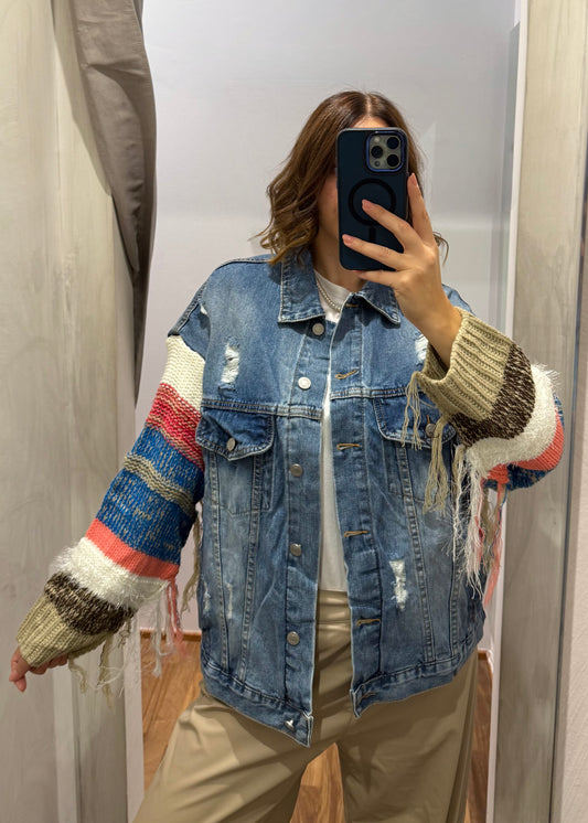 Giubbino Jeans Con Manica in Maglia