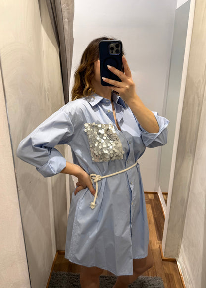 Abito Camicia Celeste con Tasca Paillettes - SUSY MIX