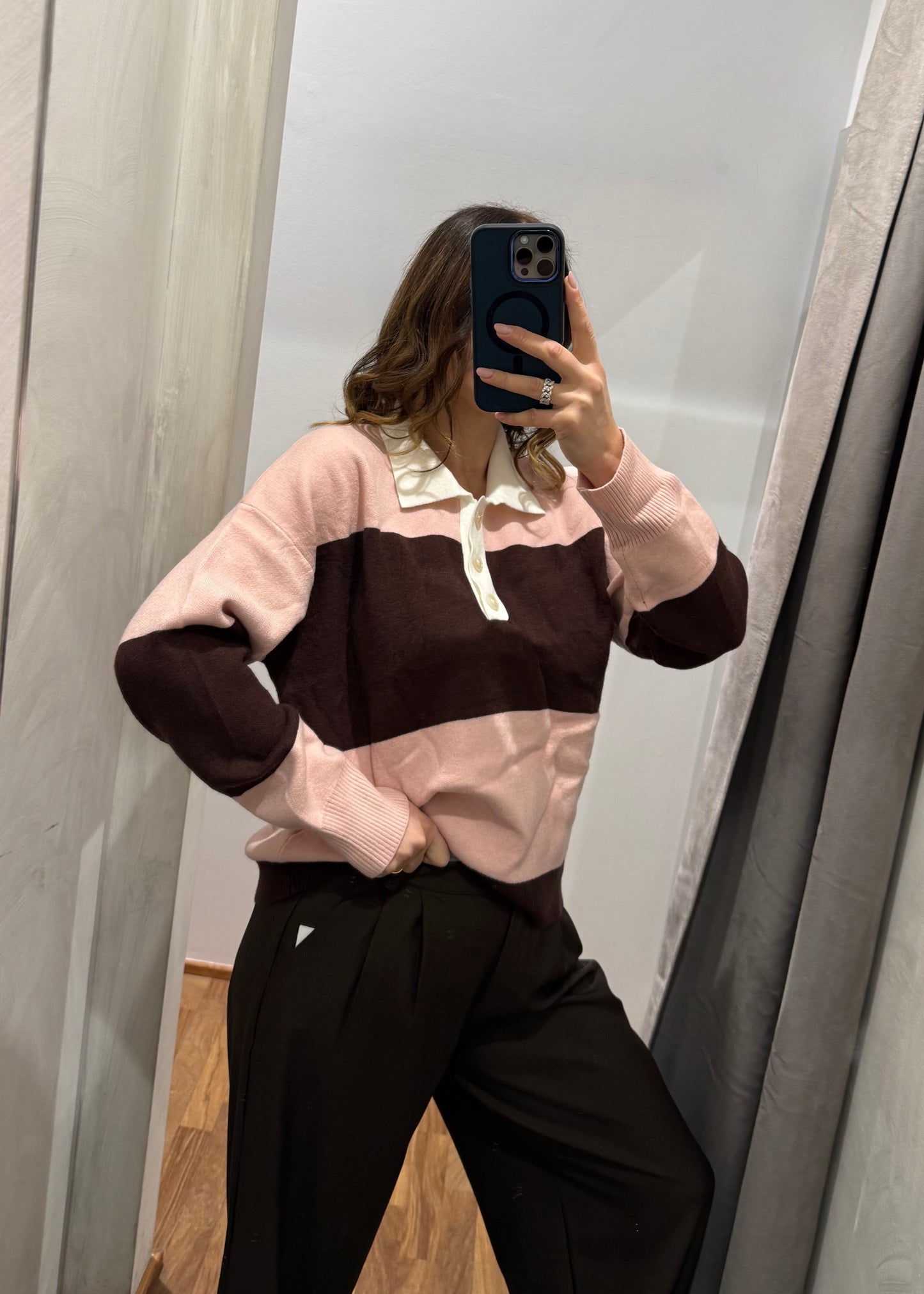 Maglia Polo a Righe Rosa/Marrone