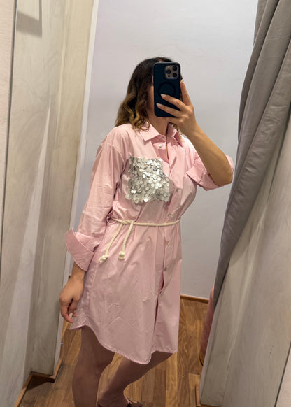 Abito Camicia Rosa con Tasca Paillettes - SUSY MIX