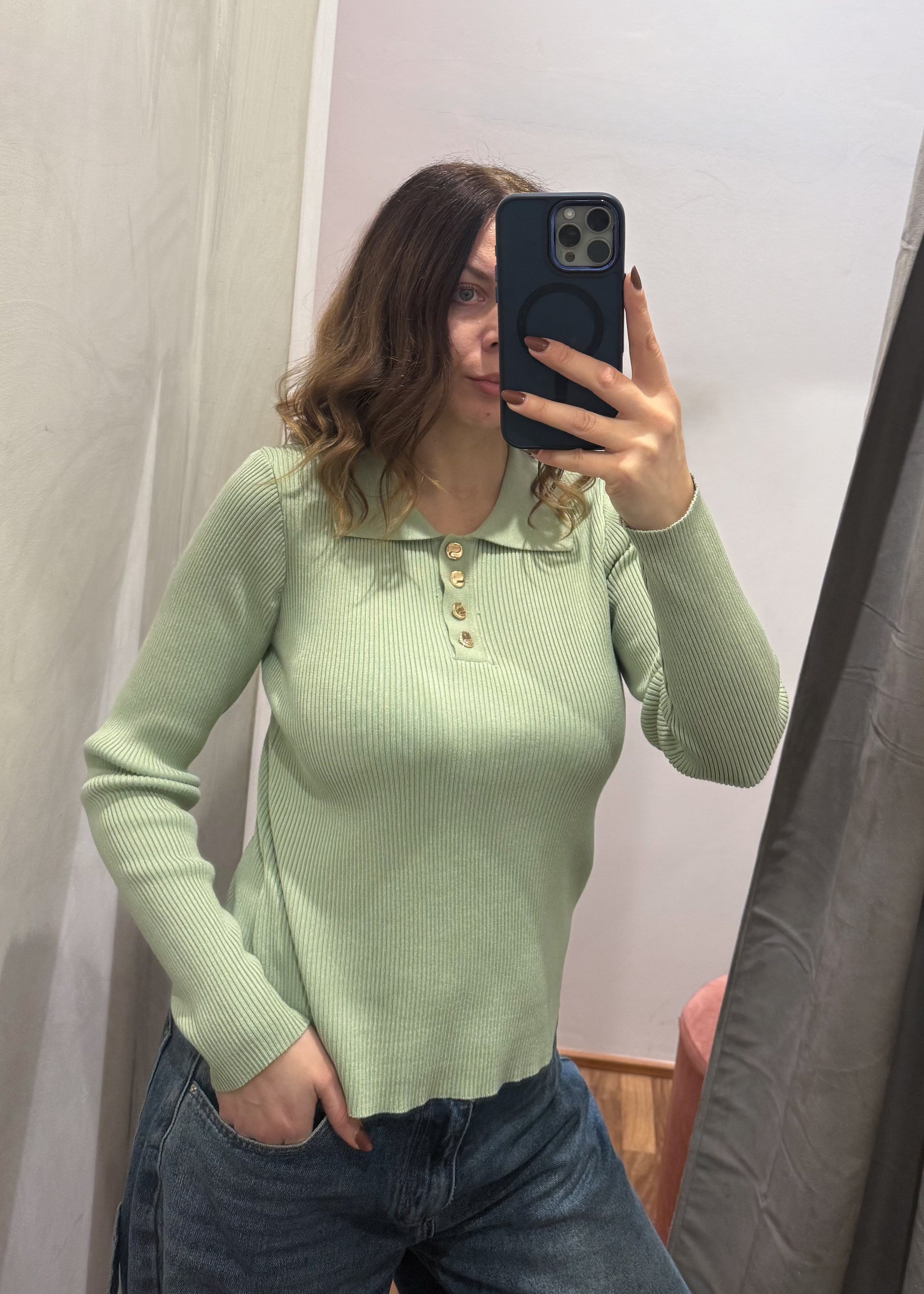 Maglia Polo a Costine Verde Salvia - MARYGIÒ