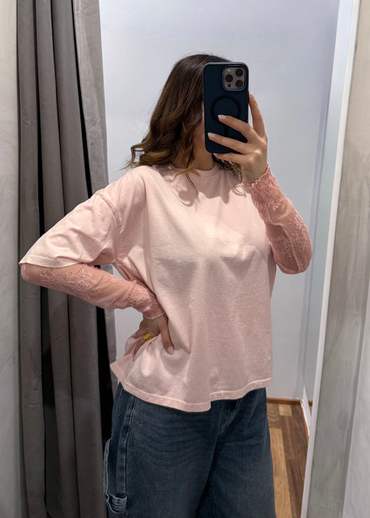 T-shirt Manica Pizzo Rosa - SUSY MIX - MARYGIÒ