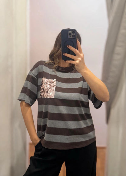 Maglia righe con tasca paillettes | più colori - Susy Mix